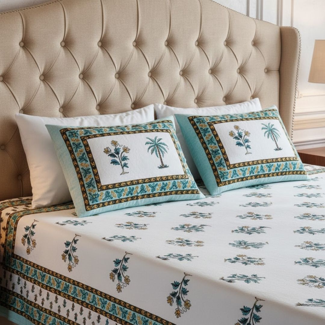 Cultural Mosaic SeaGreen Block Print Pure Cotton Double Bedsheet